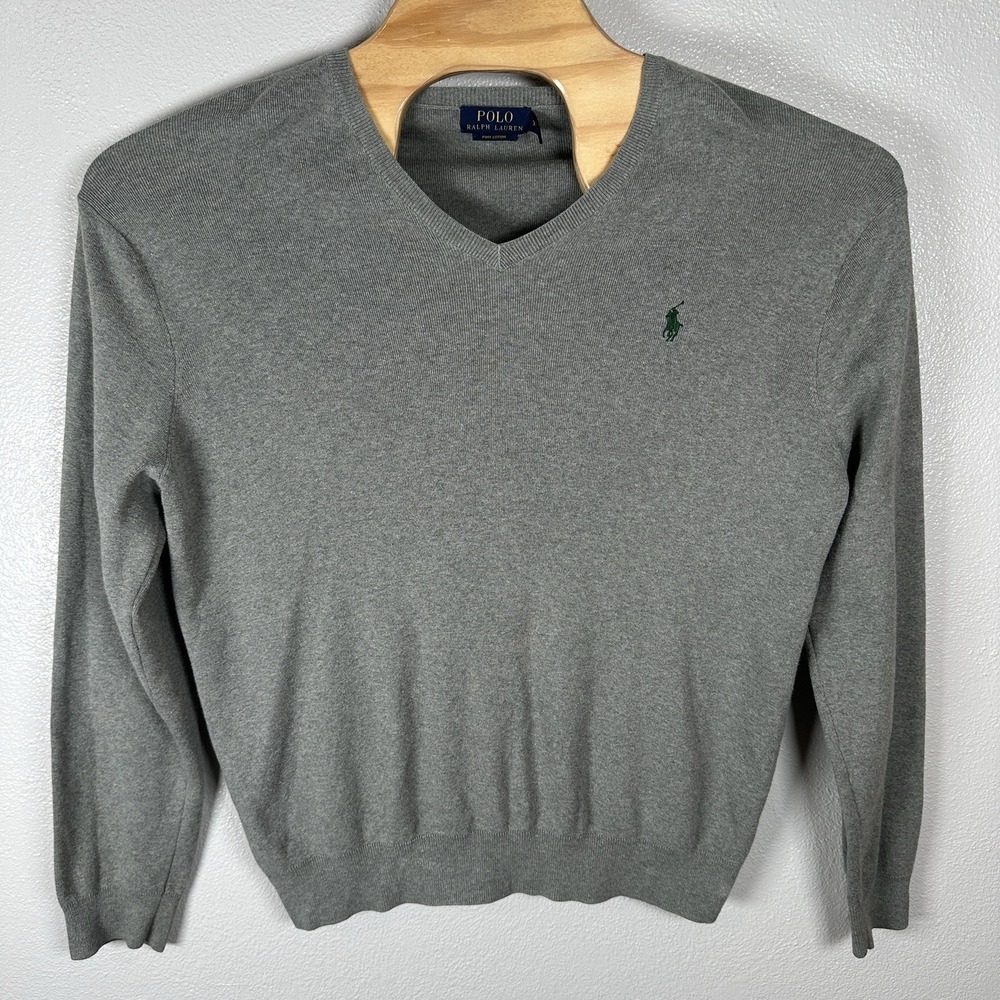 Polo Ralph Lauren Pima Cotton Sweater Mens XL Gray VNeck Pony Preppy Lightweight